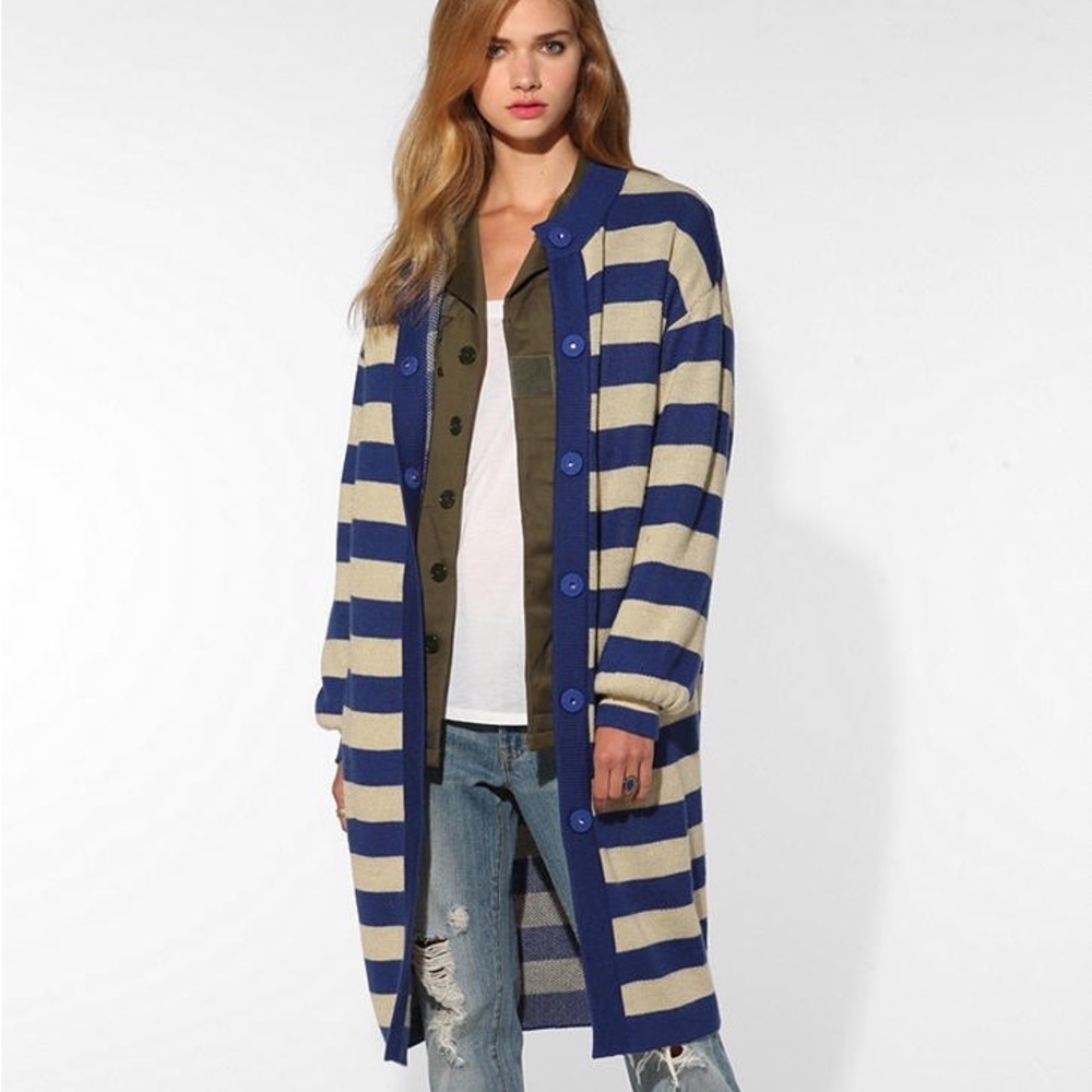 Facehunter long sweater coat - blue and tan stripes.